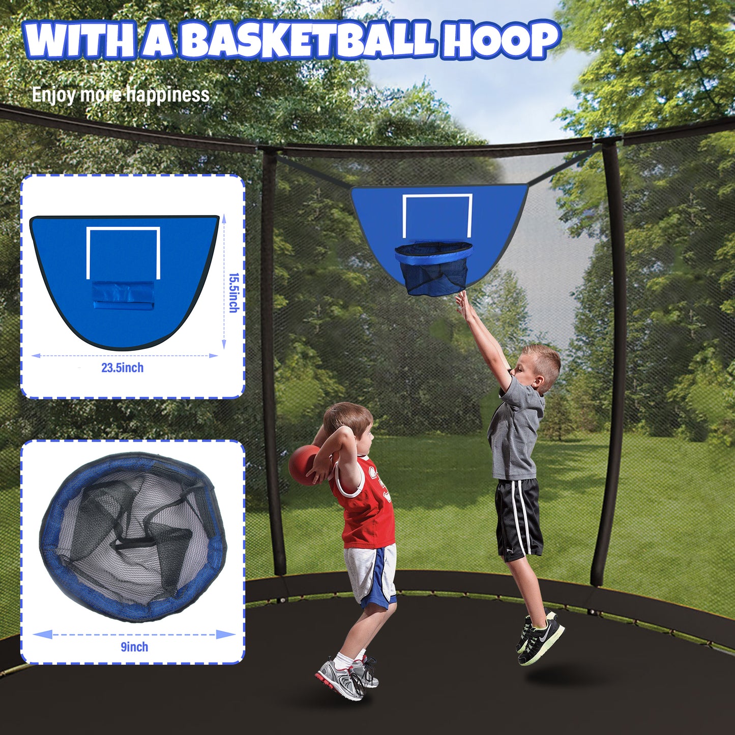 12FT 14FT Trampoline with Basketball Hoop, Outdoor Trampolines for Kids and Adults, Recreational Trampoline with Enclosure Net & Ladder, Round Trampoline ASTM Approved, 400/450LBS Weight Capacity, Black