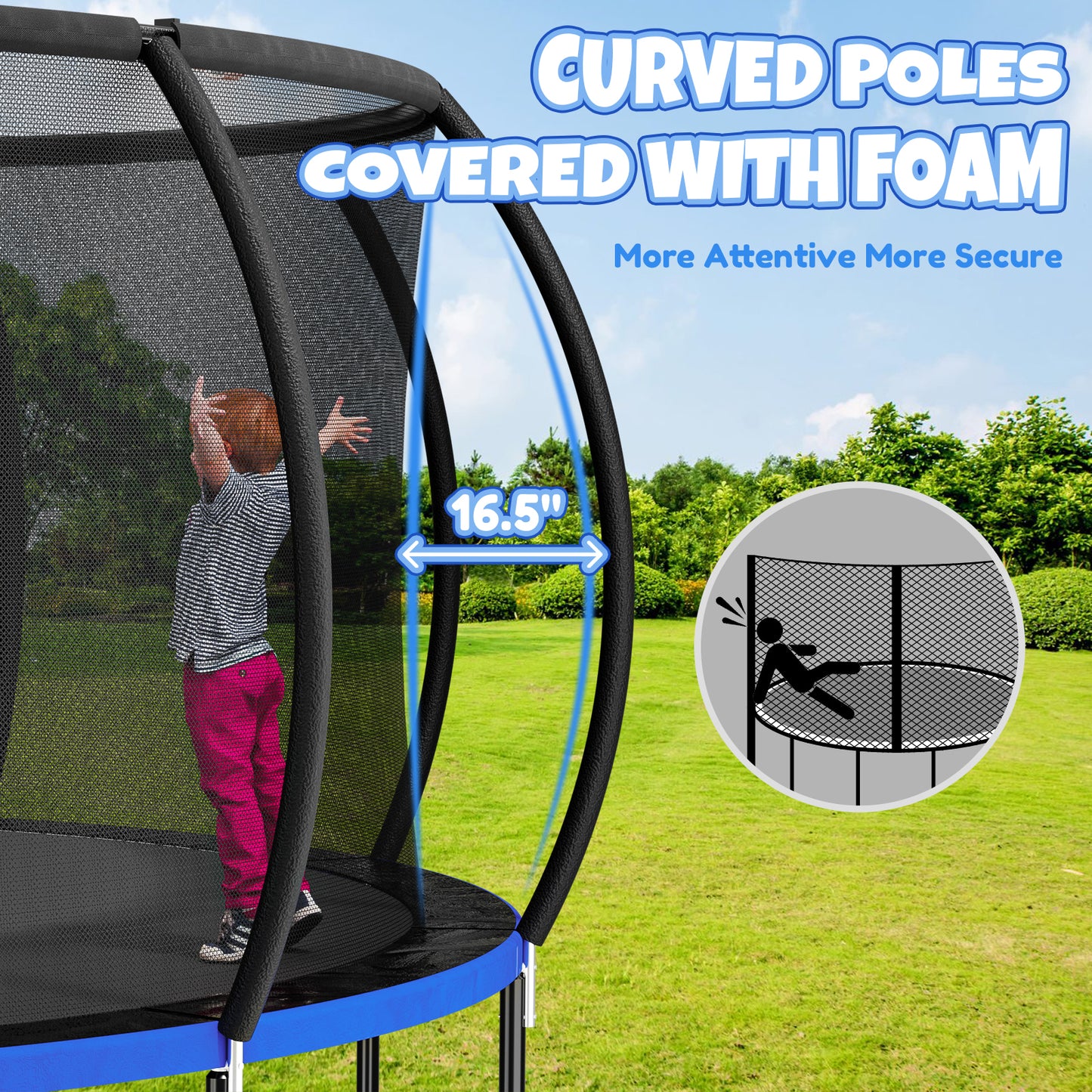 12FT 14FT Trampoline with Water Sprinkler & Basketball Hoop, Outdoor Trampolines for Kids and Adults, Recreational Trampoline with Enclosure Net & Ladder, Round Trampoline ASTM Approved, 400/450LBS Weight Capacity, Blue