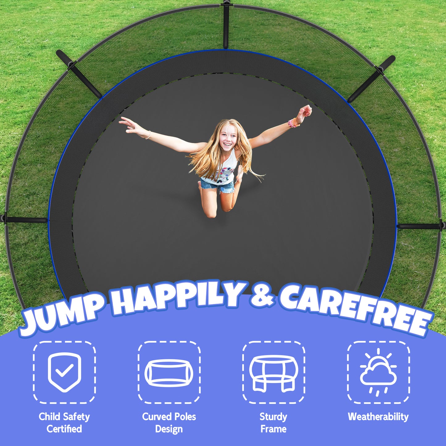 12FT 14FT Trampoline, Outdoor Trampolines for Kids and Adults, Recreational Trampoline with Enclosure Net & Ladder, Round Trampoline ASTM Approved, 400/450LBS Weight Capacity, Blue