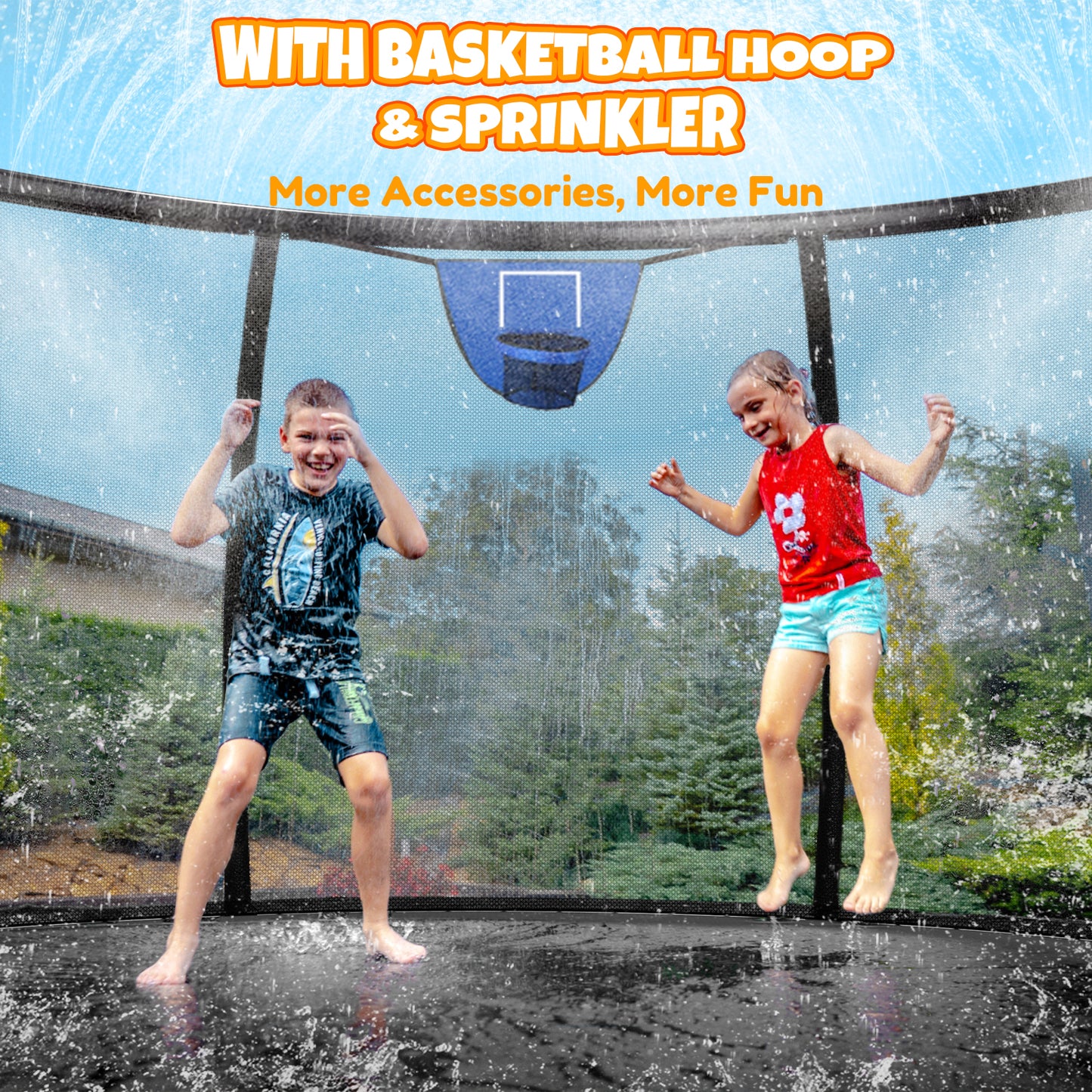 12FT 14FT Trampoline with Water Sprinkler & Basketball Hoop, Outdoor Trampolines for Kids and Adults, Recreational Trampoline with Enclosure Net & Ladder, Round Trampoline ASTM Approved, 400/450LBS Weight Capacity, Orange