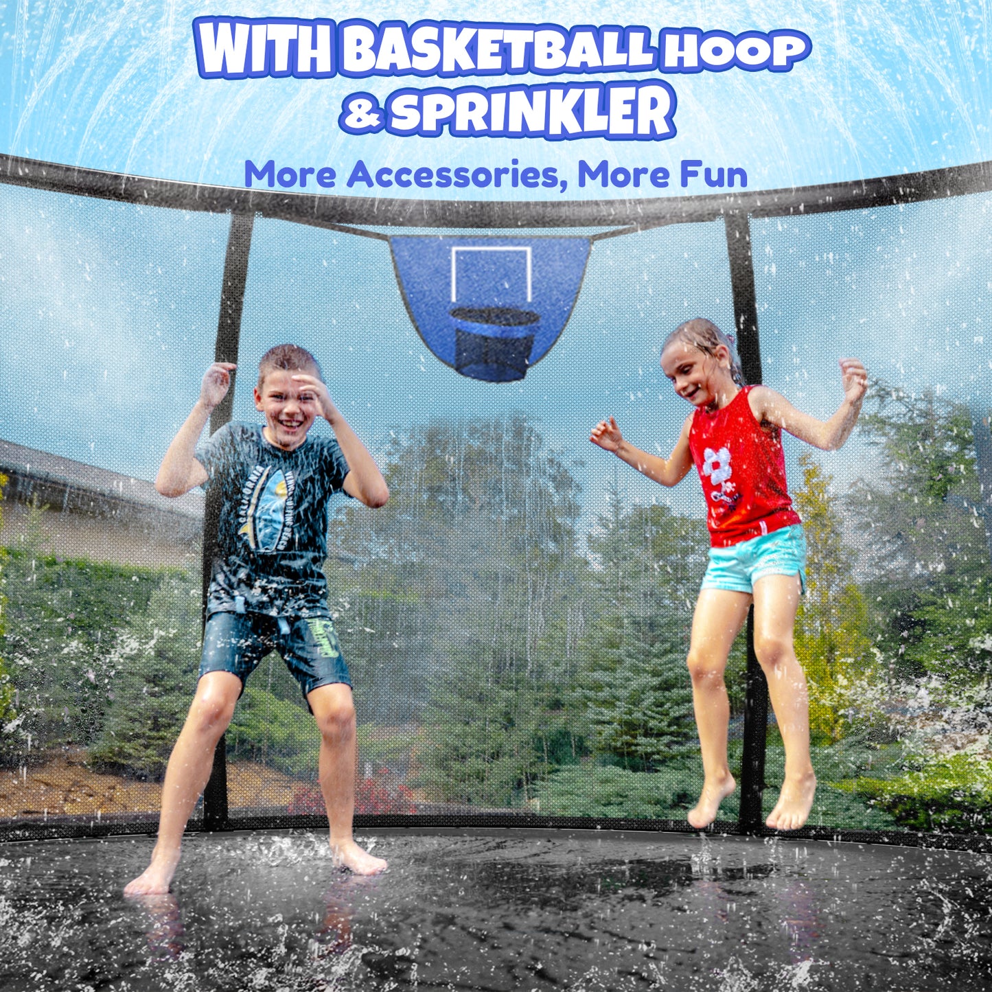 12FT 14FT Trampoline with Water Sprinkler & Basketball Hoop, Outdoor Trampolines for Kids and Adults, Recreational Trampoline with Enclosure Net & Ladder, Round Trampoline ASTM Approved, 400/450LBS Weight Capacity, Black