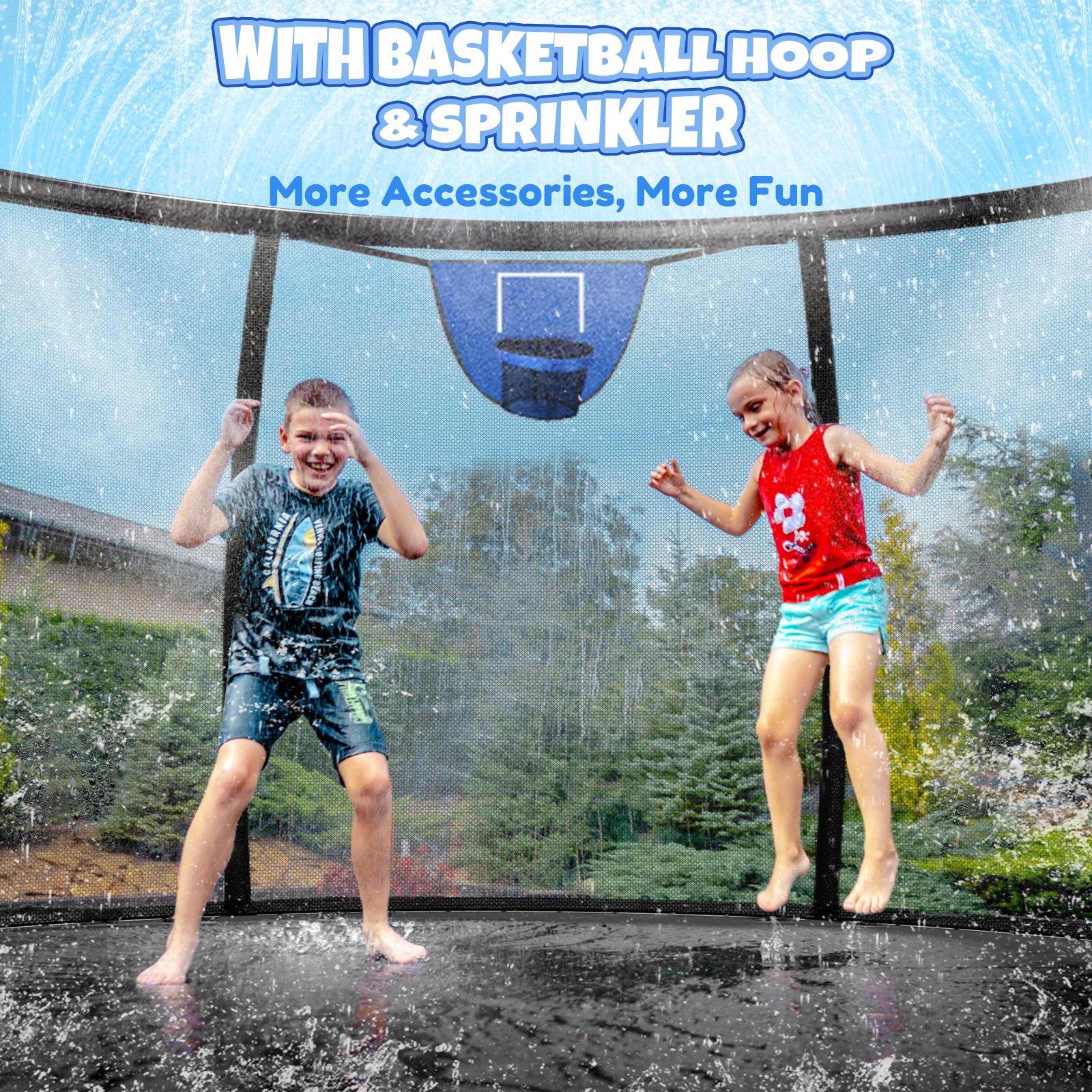 12FT 14FT Trampoline with Water Sprinkler Basketball Hoop Outdoor T Kiivakii