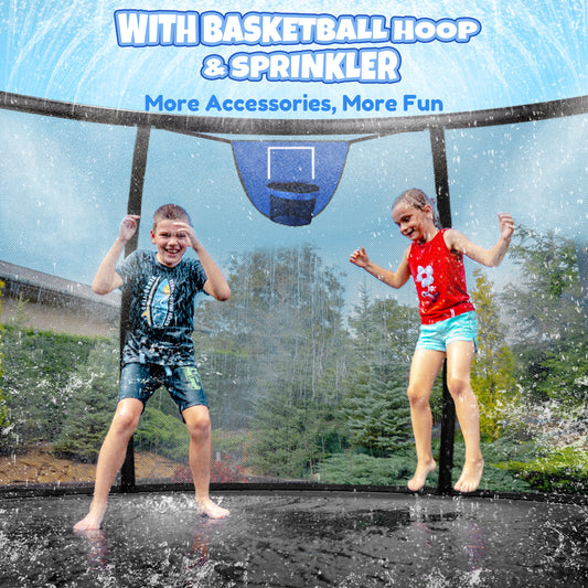 12FT 14FT Trampoline with Water Sprinkler & Basketball Hoop, Outdoor Trampolines for Kids and Adults, Recreational Trampoline with Enclosure Net & Ladder, Round Trampoline ASTM Approved, 400/450LBS Weight Capacity, Blue