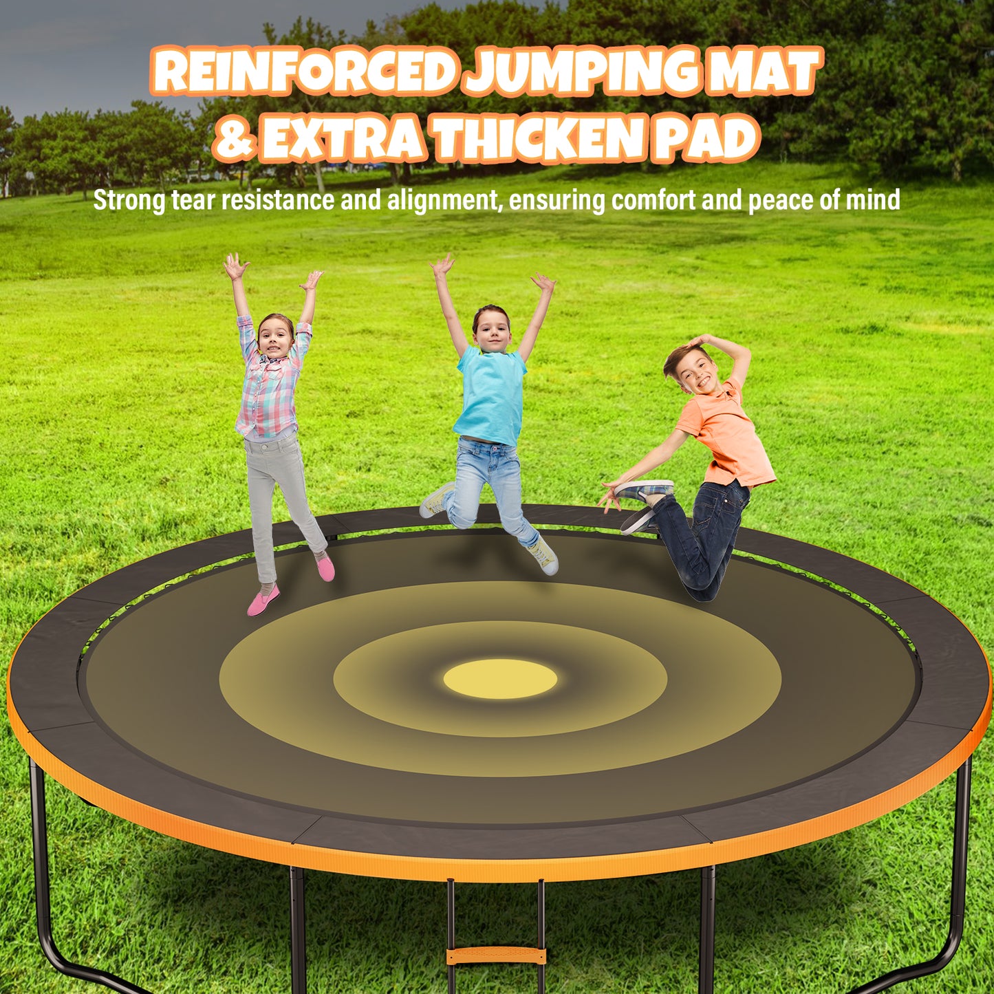 12FT 14FT Trampoline, Outdoor Trampolines for Kids and Adults, Recreational Trampoline with Enclosure Net & Ladder, Round Trampoline ASTM Approved, 400/450LBS Weight Capacity, Orange