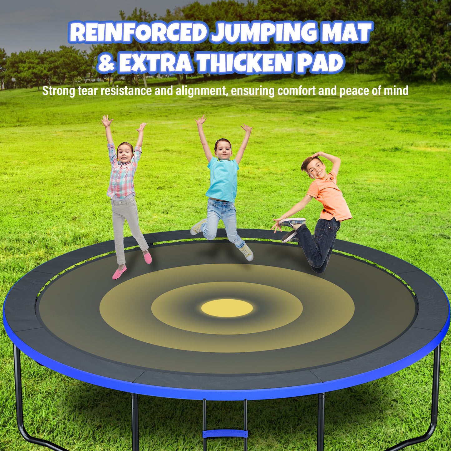 12FT 14FT Trampoline, Outdoor Trampolines for Kids and Adults, Recreational Trampoline with Enclosure Net & Ladder, Round Trampoline ASTM Approved, 400/450LBS Weight Capacity, Blue