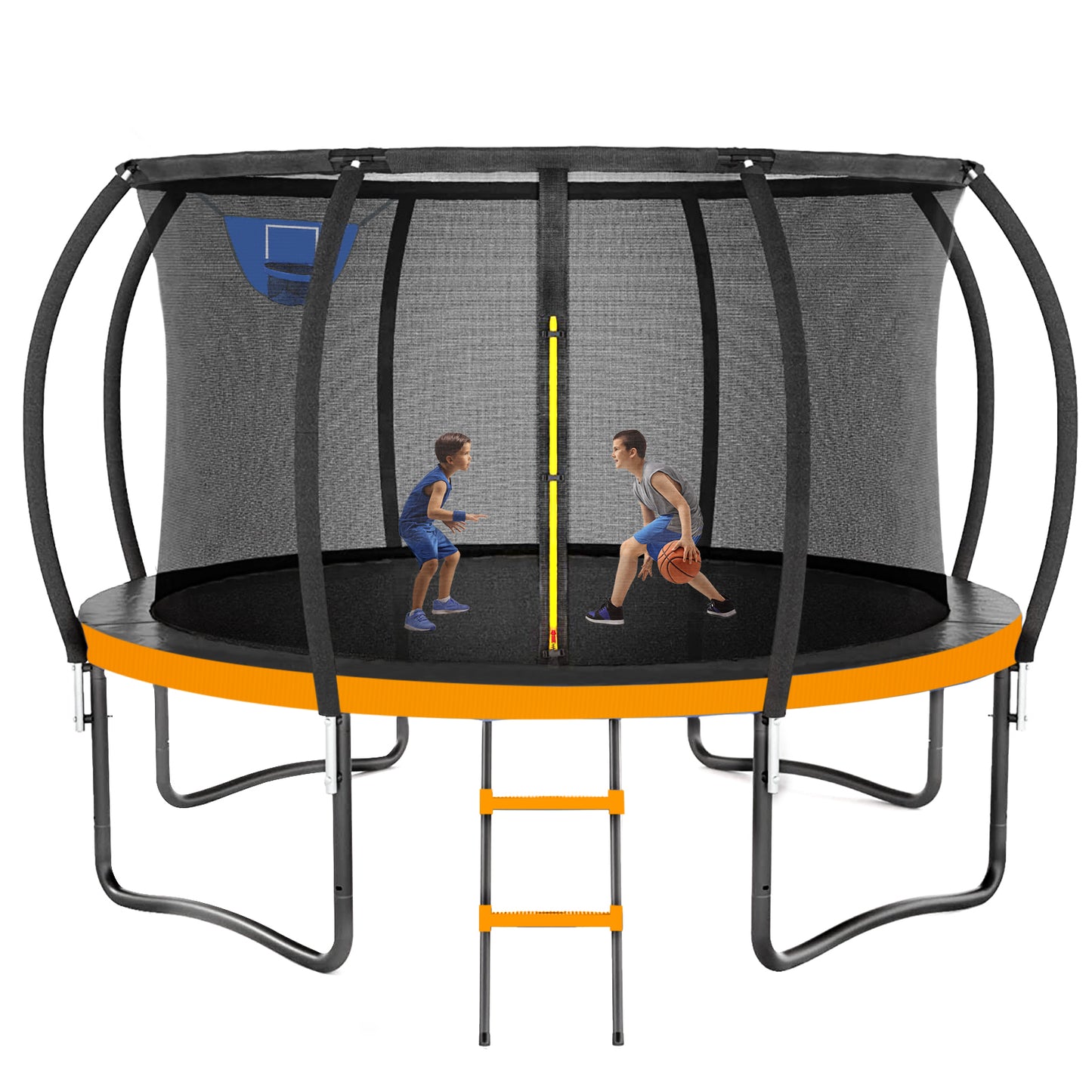 12FT 14FT Trampoline with Basketball Hoop, Outdoor Trampolines for Kids and Adults, Recreational Trampoline with Enclosure Net & Ladder, Round Trampoline ASTM Approved, 400/450LBS Weight Capacity, Orange