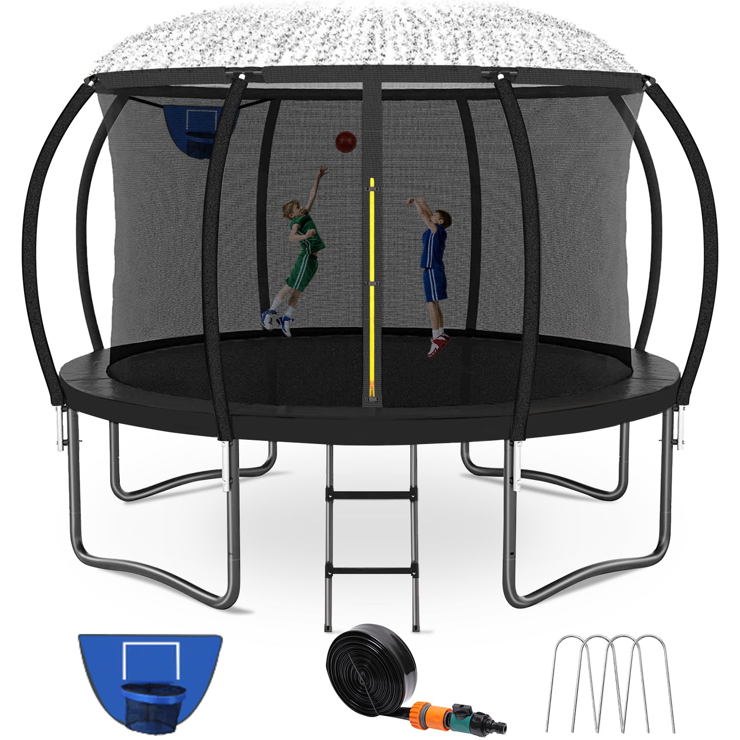 12FT 14FT Trampoline with Water Sprinkler & Basketball Hoop, Outdoor Trampolines for Kids and Adults, Recreational Trampoline with Enclosure Net & Ladder, Round Trampoline ASTM Approved, 400/450LBS Weight Capacity, Black