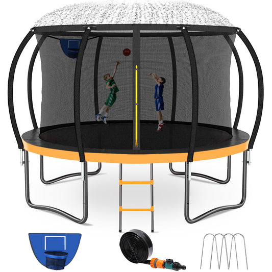 12FT 14FT Trampoline with Water Sprinkler & Basketball Hoop, Outdoor Trampolines for Kids and Adults, Recreational Trampoline with Enclosure Net & Ladder, Round Trampoline ASTM Approved, 400/450LBS Weight Capacity, Orange