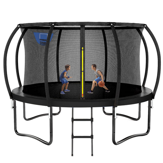 12FT 14FT Trampoline with Basketball Hoop, Outdoor Trampolines for Kids and Adults, Recreational Trampoline with Enclosure Net & Ladder, Round Trampoline ASTM Approved, 400/450LBS Weight Capacity, Black