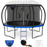 12FT 14FT Trampoline with Water Sprinkler & Basketball Hoop, Outdoor Trampolines for Kids and Adults, Recreational Trampoline with Enclosure Net & Ladder, Round Trampoline ASTM Approved, 400/450LBS Weight Capacity, Blue